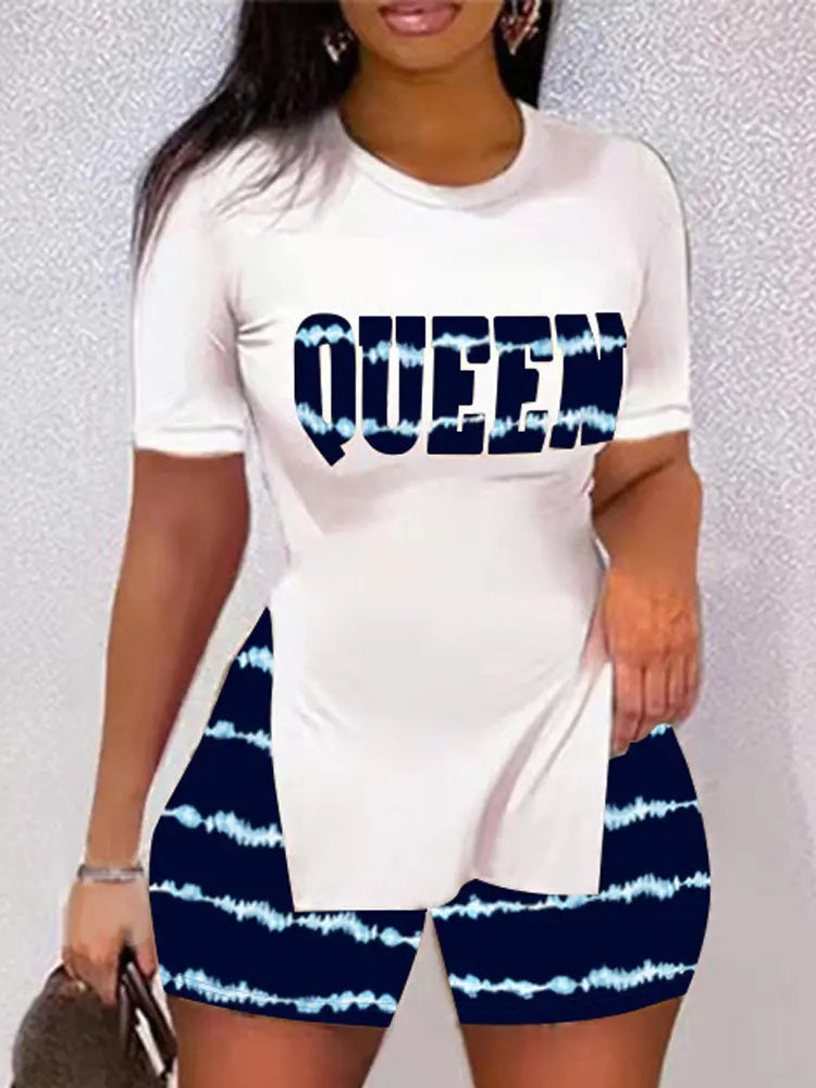 Women's Sets Printed Short Sleeve Split T-Shirt & Shorts Two Piece Set