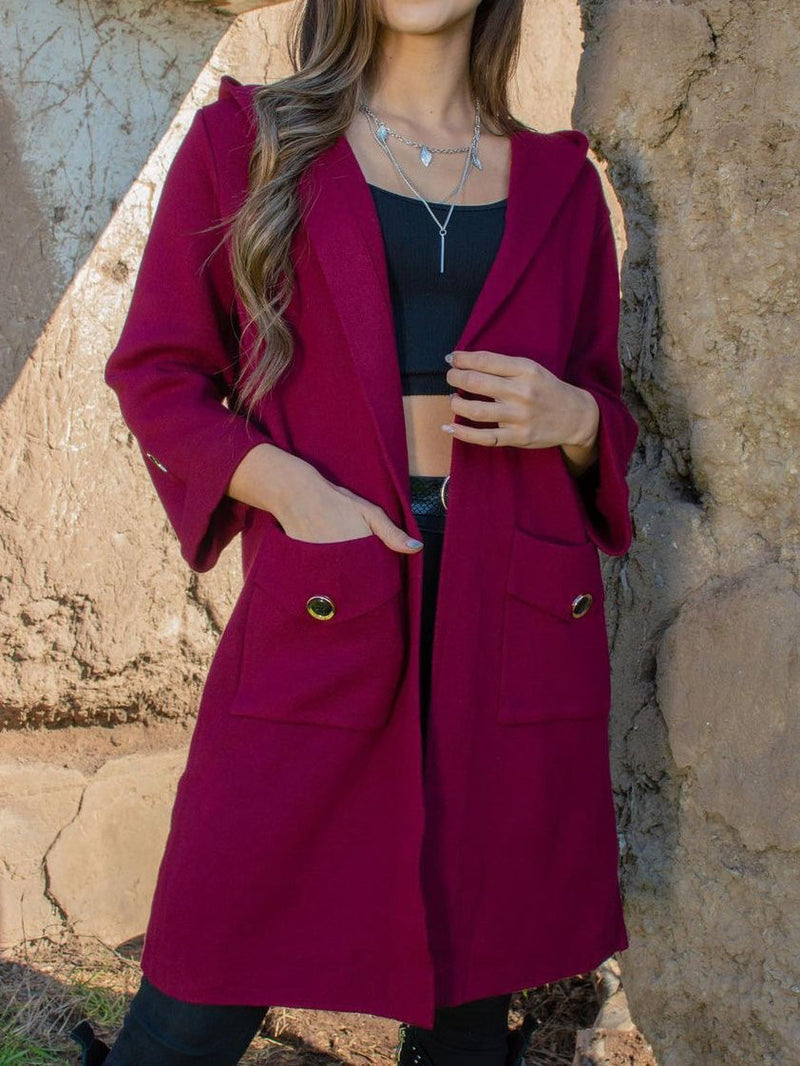 Women's Coats Solid Pocket Hooded Wool Coat