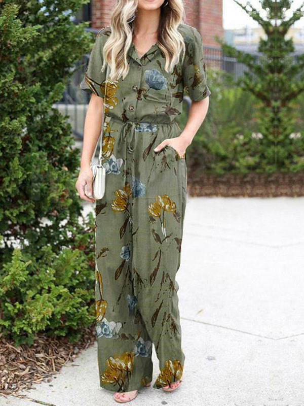 Women's Jumpsuits Printed Button Short Sleeve Shirt Jumpsuit