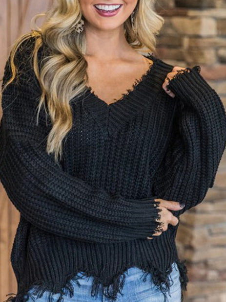 Women's Sweaters Solid V-Neck Long Sleeve Irregular Sweater