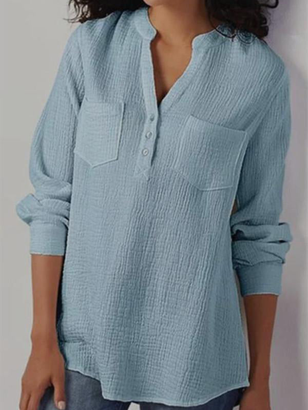 Women's Blouses V-Neck Pocket Long Sleeve Blouse