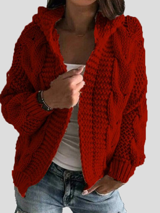 Women's Cardigans Solid Twist Knit Hooded Sweater Cardigan