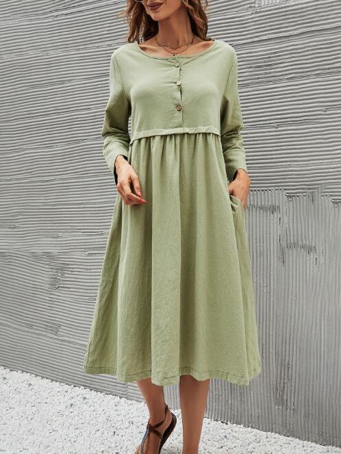 Women's Dresses Round Neck Button Pocket Mid-Sleeve Solid Dress