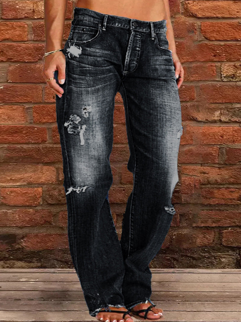 Women's Jeans Stretch Ripped Washed Casual Straight Jeans