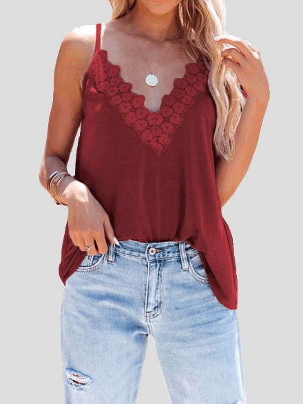 Women's Tank Tops Casual Sleeveless Solid V-Neck Lace Tank Top
