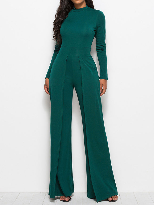 Women's Jumpsuits Solid Turtleneck Long Sleeve Wide Leg Jumpsuit