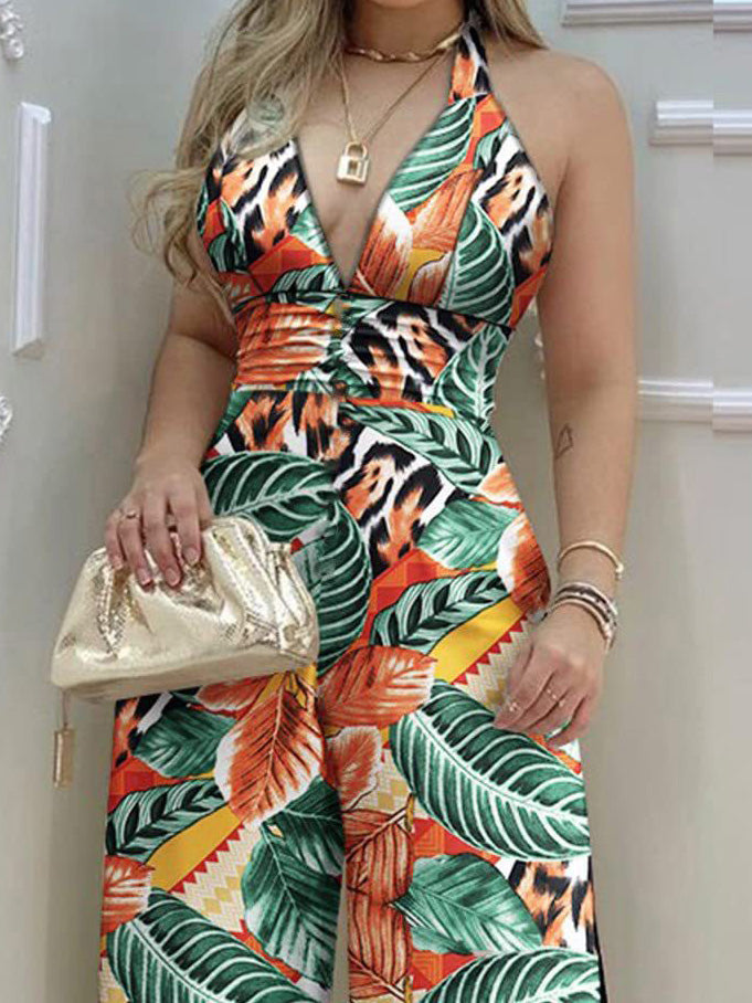 Women's Jumpsuits Printed V-Neck Backless High Waist Slit Jumpsuit