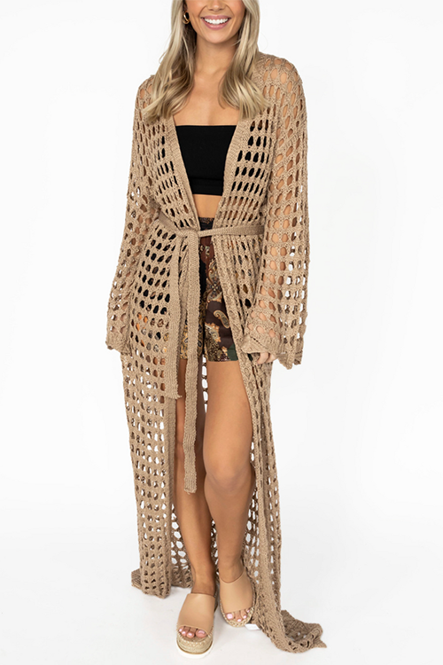 Knitted Pierced Solid Color Beach Coat