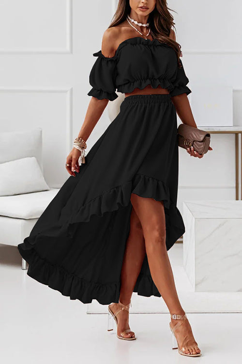 Flounce Off Shoulder Crop Irregularity Skirt Set