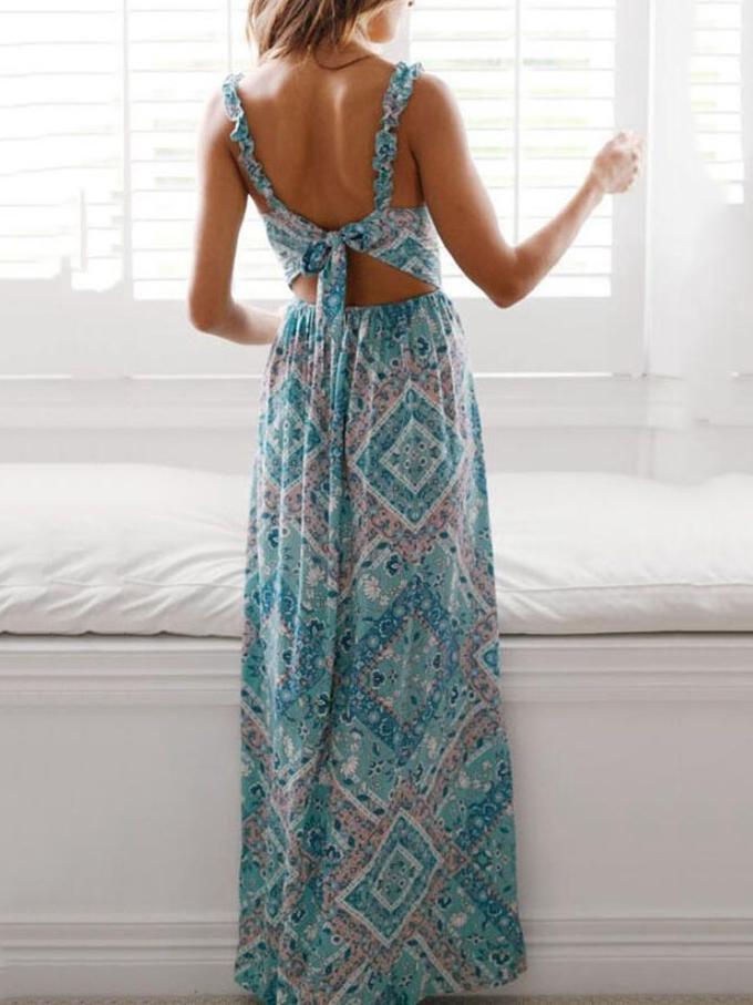 All-match Sling Tie Knot Printed Long Dress