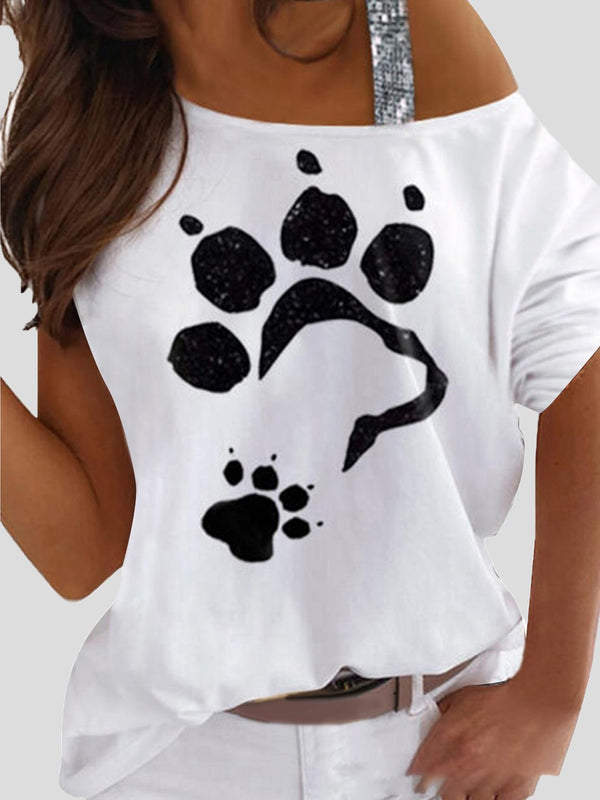 Animal Footprint Print Off Shoulder Casual Short Sleeve T-Shirt