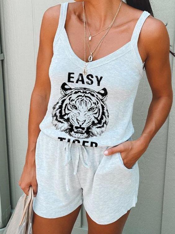 Animal Print Sleeveless Elastic Belt Jumpsuit