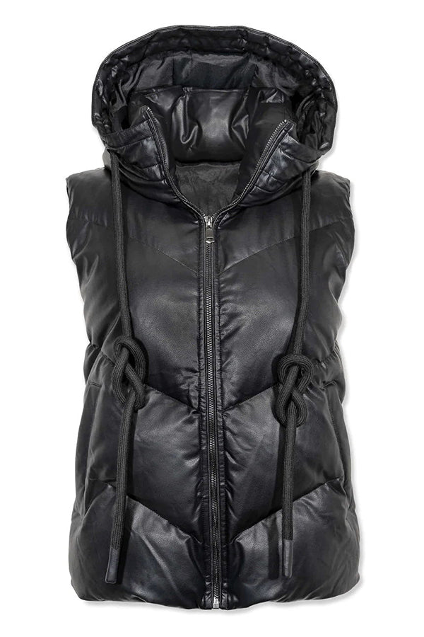 Eliza Pocketed Hooded Faux Leather Puffer Vest
