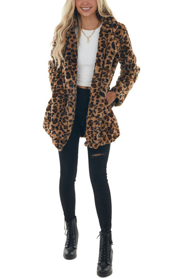 Serene Snowfall Pocketed Leopard Plush Coat