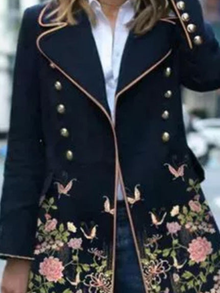 Women's Coats Vintage Print Lapel Button Long Sleeve Coat