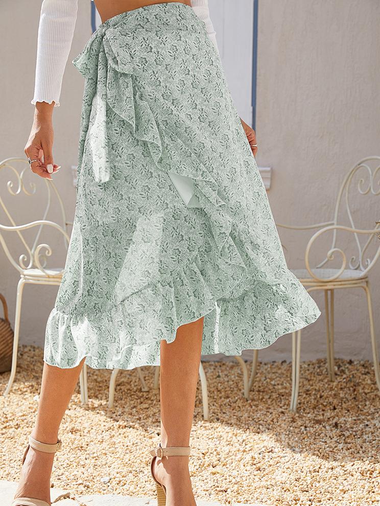 Bandage Split Irregular Floral Chiffon Skirt