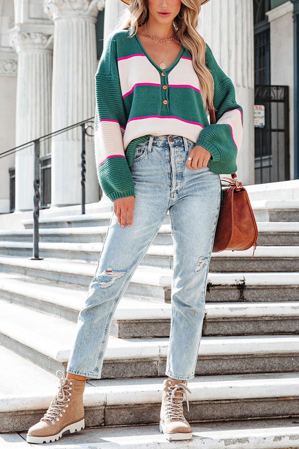 Good Pep Talk Button Colorblock Striped Sweater