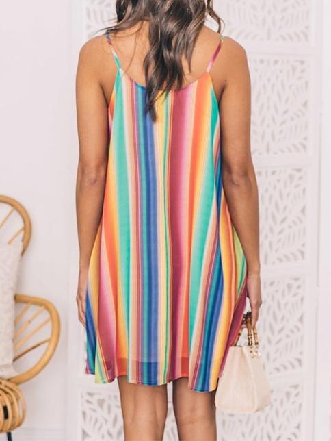 Bohemian Multicolor Striped Chiffon Sleeveless Sling Beach Short Dress