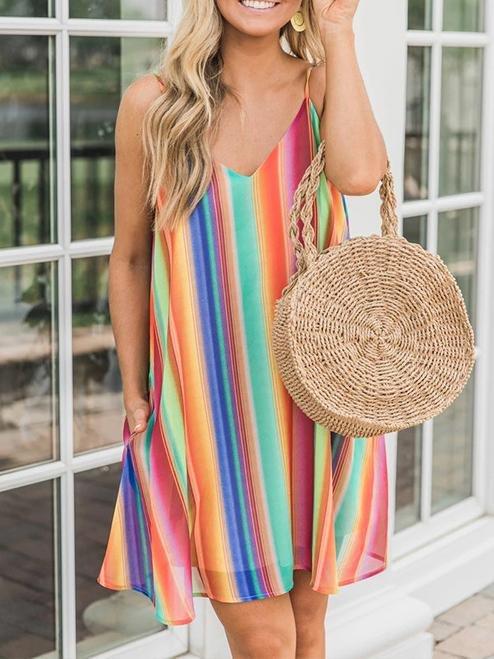 Bohemian Multicolor Striped Chiffon Sleeveless Sling Beach Short Dress