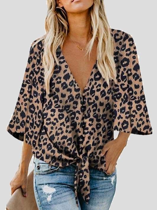 Bow Shirt Leopard/Flower Print V Neck Flared Sleeve Blouse