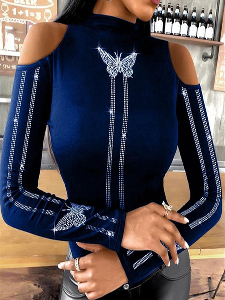 Butterfly Diamond Round Neck Off-shoulder Long Sleeves T-shirt