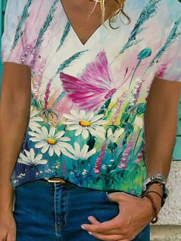 Butterfly Flower Print Loose V-neck Short Sleeve T-shirt