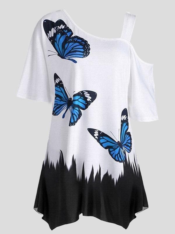 Butterfly Print One-shoulder Short-sleeved T-shirt