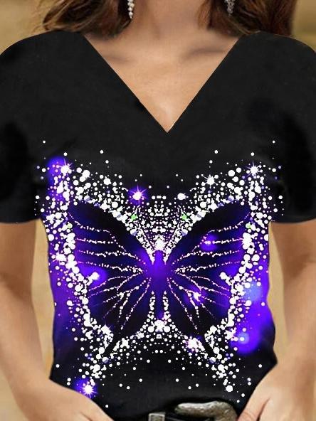 Butterfly Print V-neck T-shirt