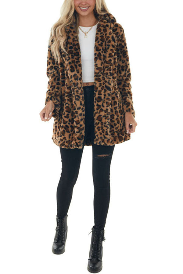 Serene Snowfall Pocketed Leopard Plush Coat