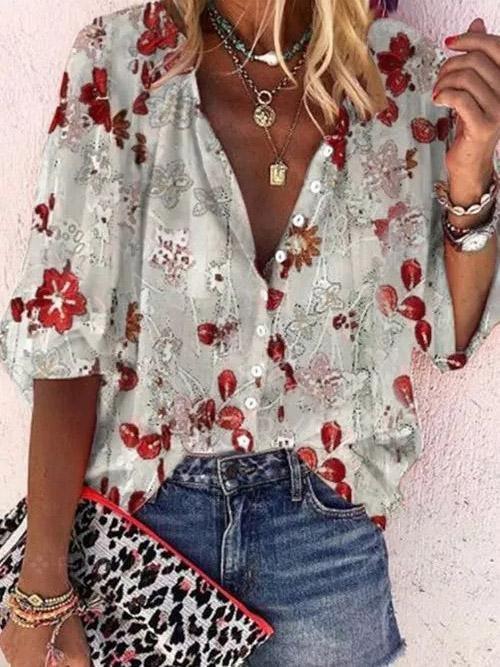Cardigan Stand Collar Printed Casual Blouses