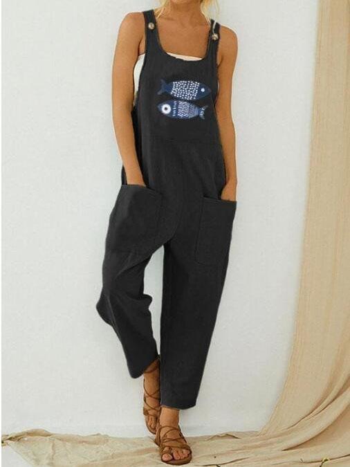 Casual Fish Print Patchwork Jumpsuit