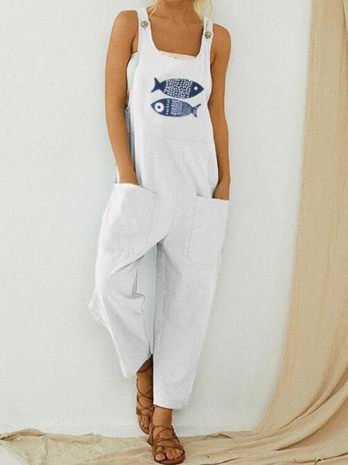 Casual Fish Print Patchwork Jumpsuit