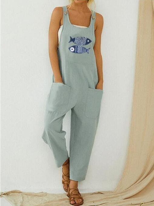 Casual Fish Print Patchwork Jumpsuit