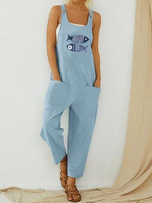 Casual Fish Print Patchwork Jumpsuit