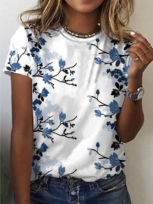 Casual Floral Print Round Neck Short Sleeve T-Shirt