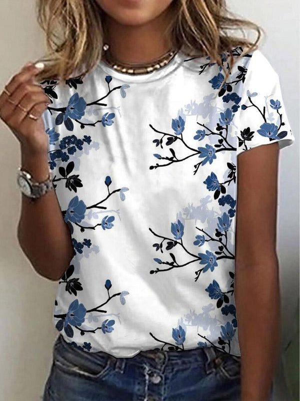 Casual Floral Print Round Neck Short Sleeve T-Shirt