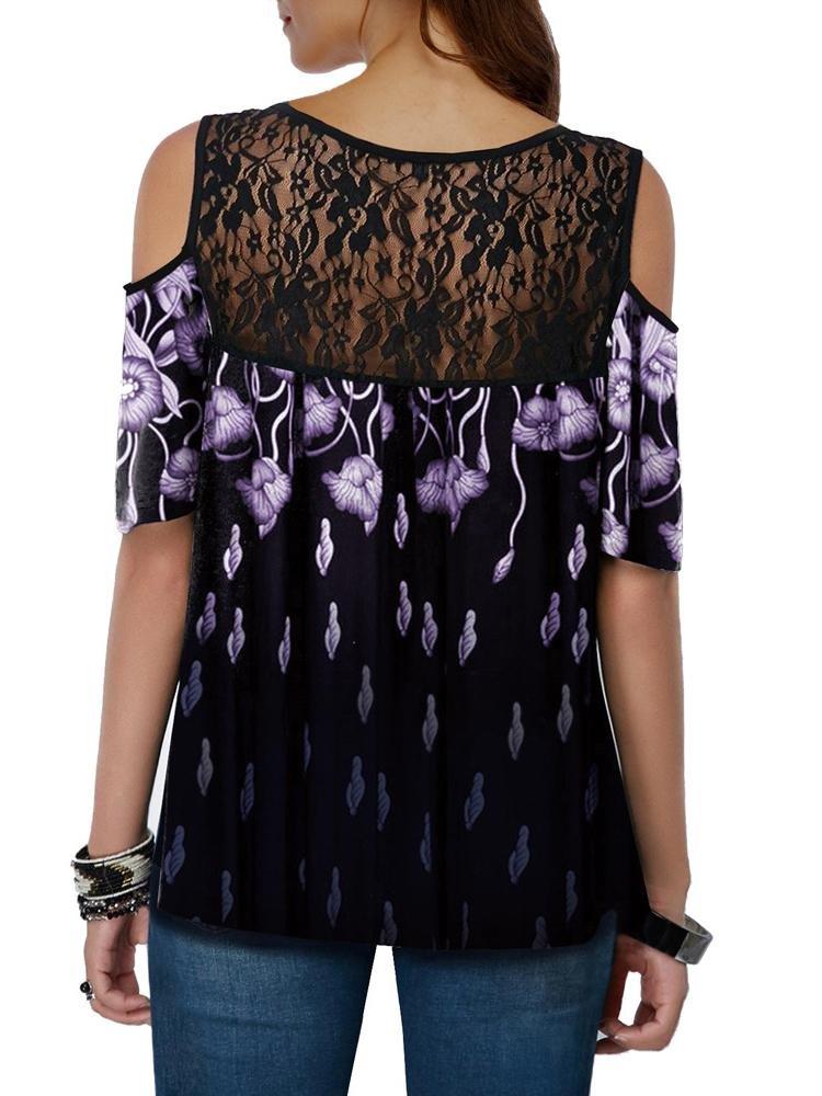 Casual Lace Sling Print Short-sleeved Top