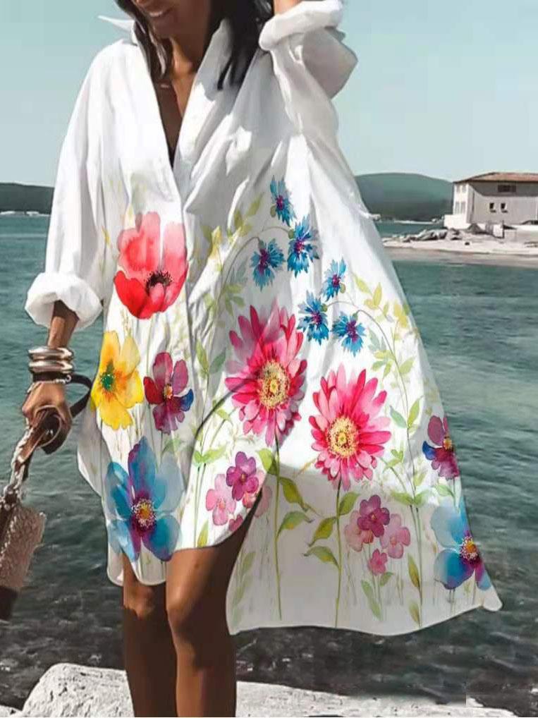 Casual Lapel Long-sleeved Floral Print Shirt Dress