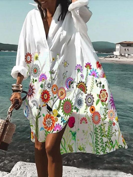 Casual Lapel Long-sleeved Floral Print Shirt Dress