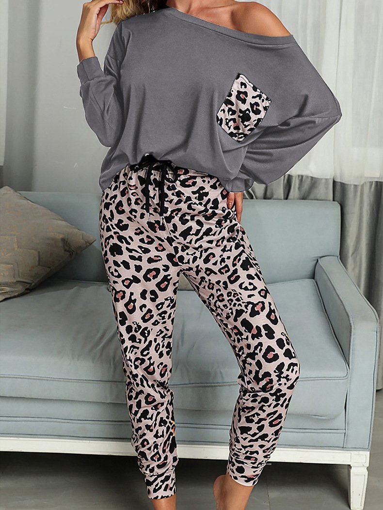 Casual Leopard Print Long Sleeve Two-piece Suit