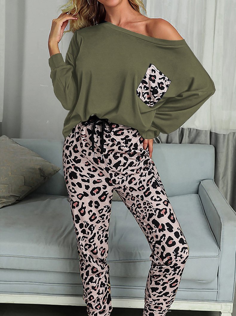 Casual Leopard Print Long Sleeve Two-piece Suit