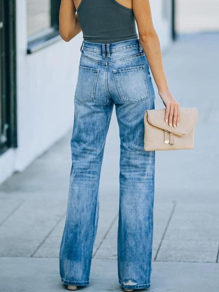 Casual Mid-waist Washed Denim Wide-leg Trousers
