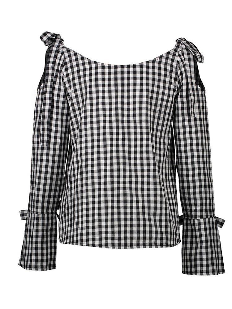 Casual Plaid Cross Tie Strapless Long Sleeve Bow Blouses