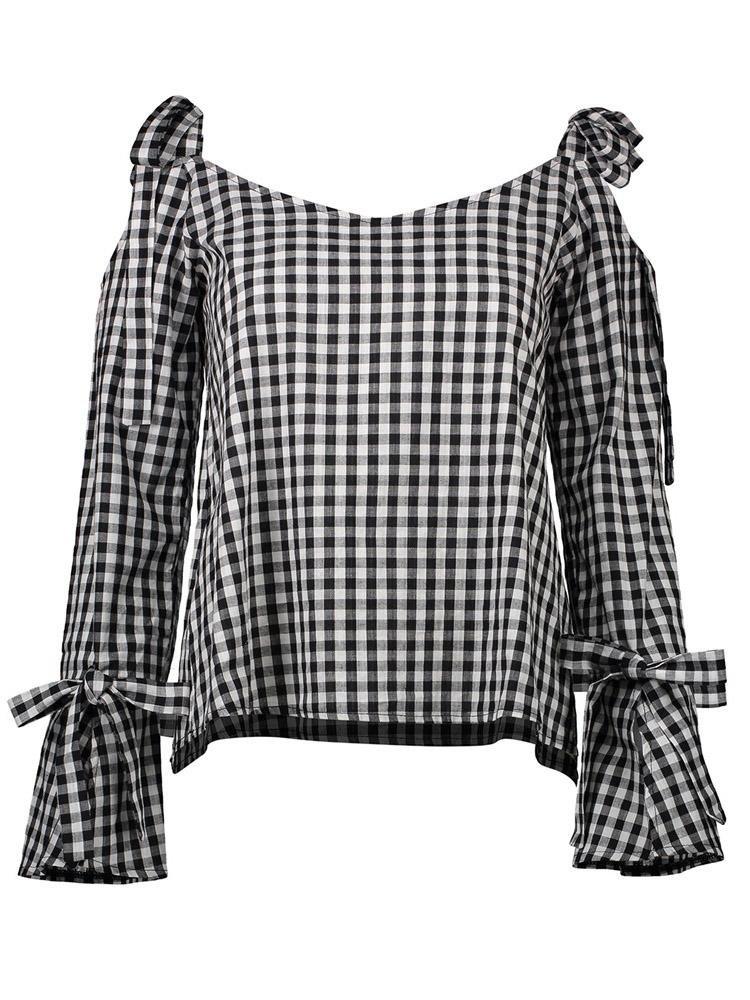 Casual Plaid Cross Tie Strapless Long Sleeve Bow Blouses