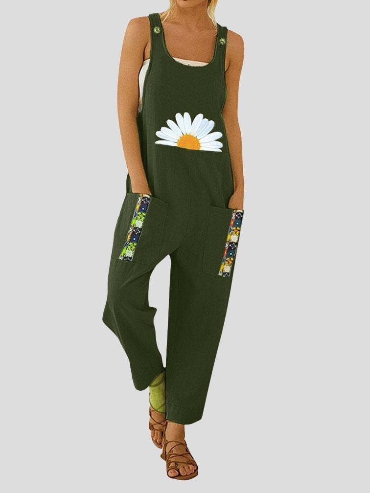 Casual Pocket Printed U-neck Jumpsuit