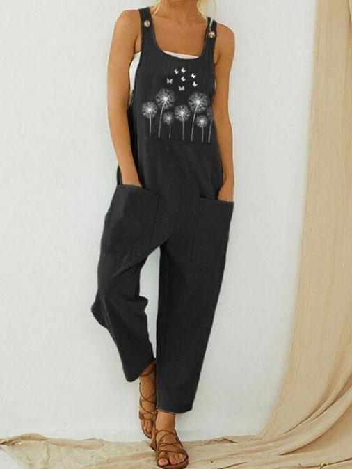 Casual Pocket Printed U-neck Jumpsuit