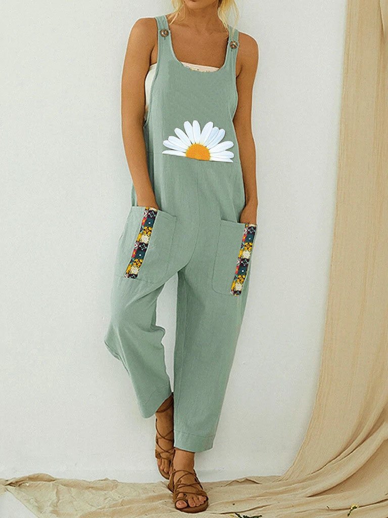 Casual Pocket Printed U-neck Jumpsuit