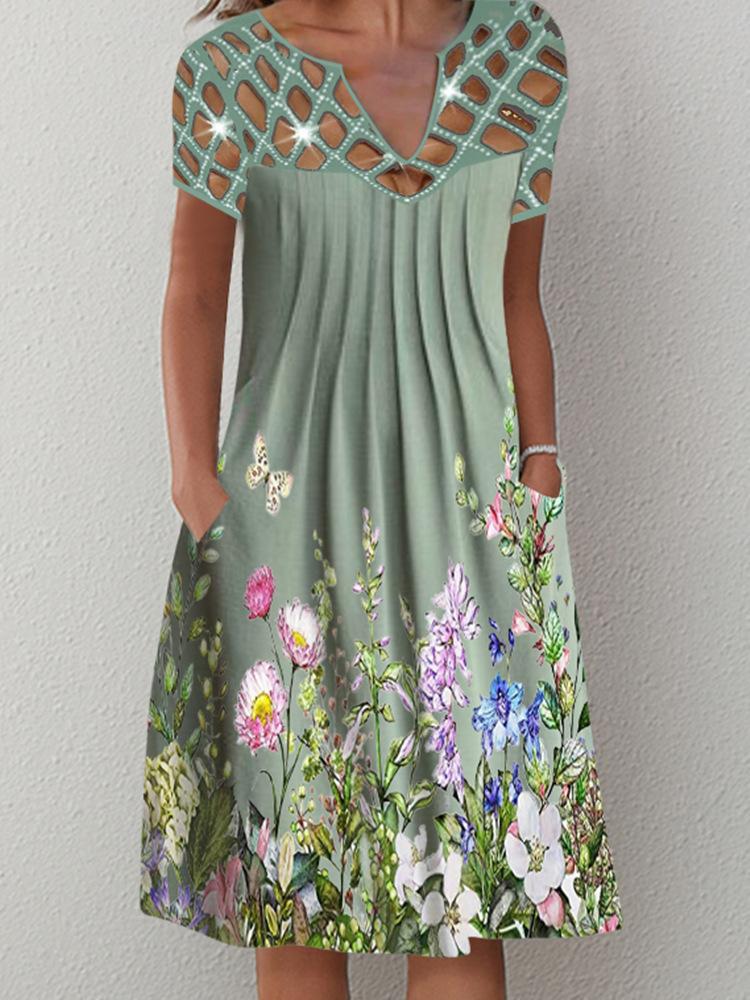Casual Printed Floral Cutout V-Neck Dress