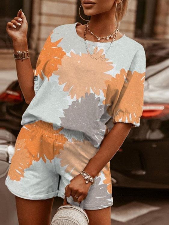 Casual Printed Round Neck Short Sleeve & Shorts Two-Piece Set