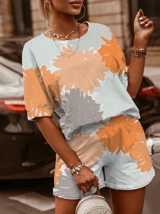 Casual Printed Round Neck Short Sleeve & Shorts Two-Piece Set